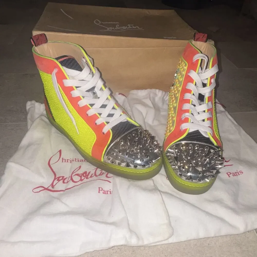 Christian Louboutin Men’s Multicolor Mesh Spiked High-Top Sneakers EU 43